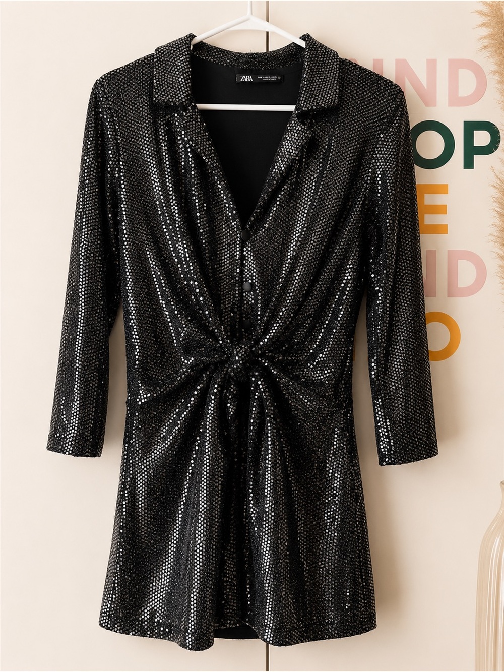 ZARA Black Sequin Tie-Front Long Sleeve Dress
